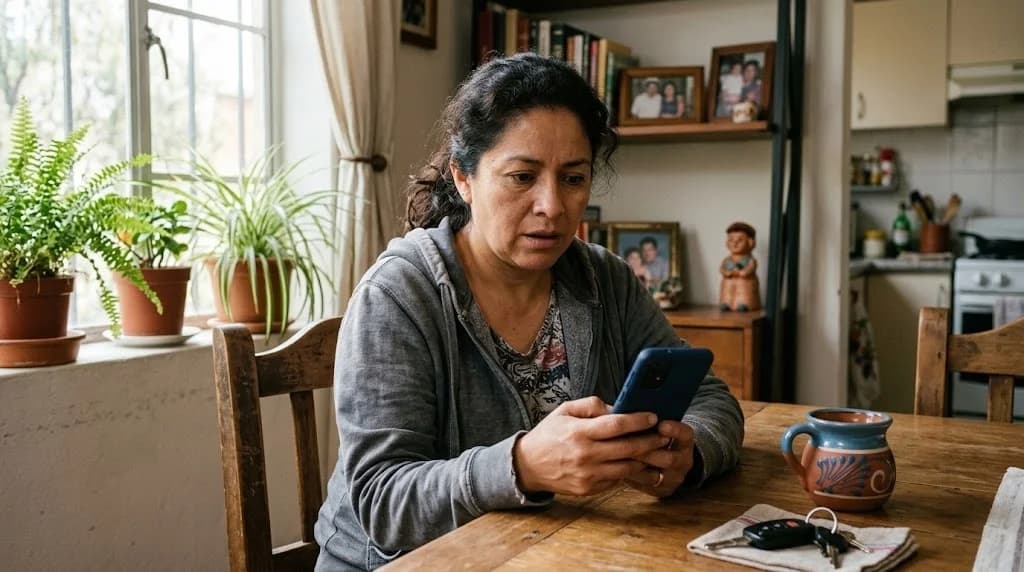 Persona en su hogar observando con preocupación su teléfono celular al recibir un mensaje SMS con código de verificación de WhatsApp