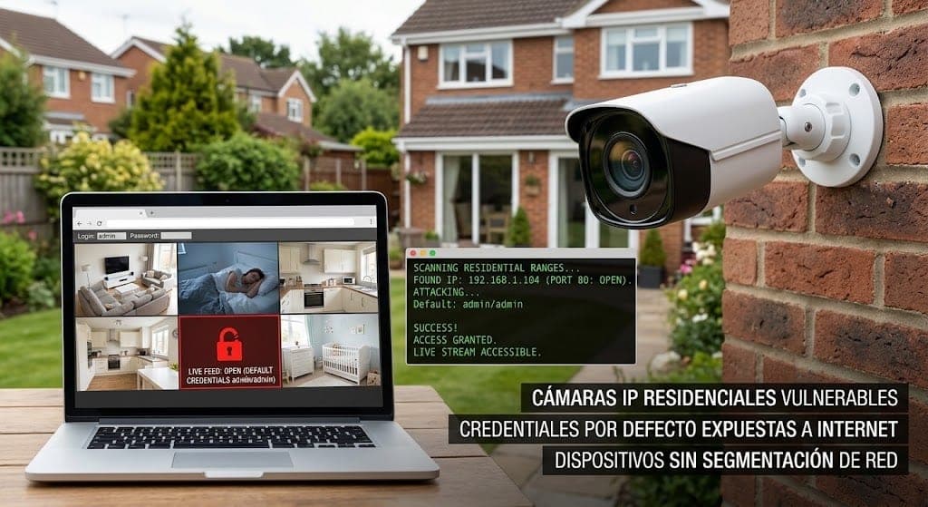 Cámara de seguridad IP en fachada exterior residencial y laptop mostrando accesos remotos y consola de comandos