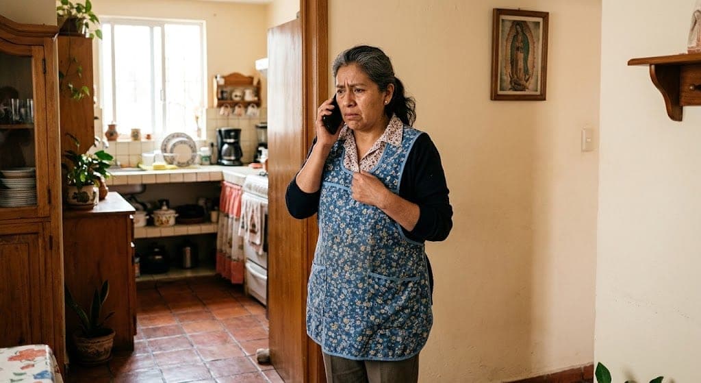 Trabajadora del hogar en cocina de domicilio mexicano atendiendo llamada urgente sospechosa